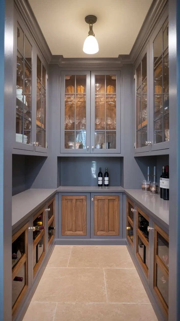 A modern butler's pantry features stylish grey walls, glass-fronted upper cabinets, and wooden lower cabinets filled with wine and provisions.