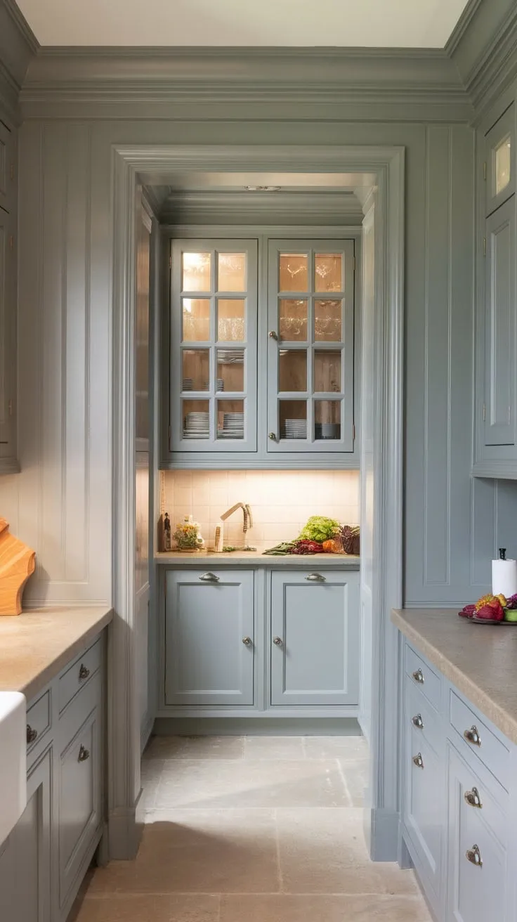 Stylish grey wall cabinets with divided window panes highlight a bright butler's pantry, adding charm to the beige-toned kitchen.