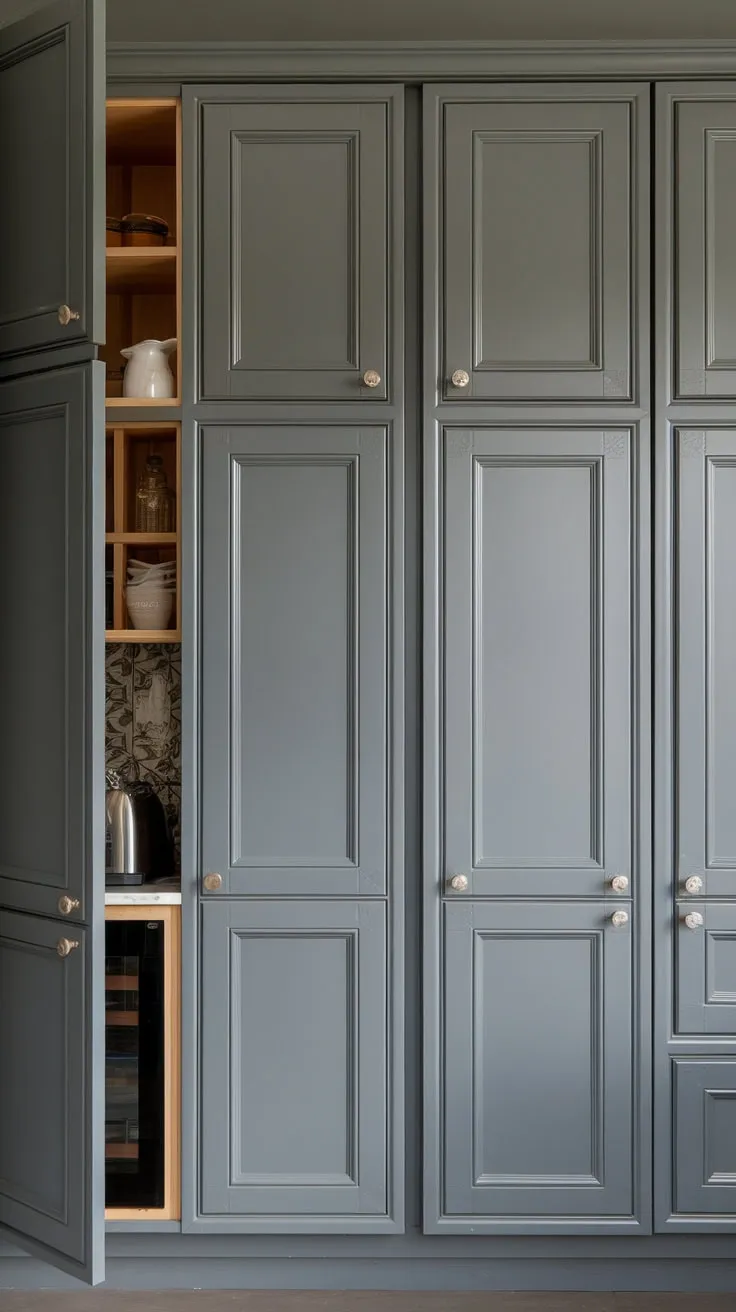 A hidden kitchen's secrets are subtly revealed in a grey butler's pantry, showcased by stylish pantry wall cabinets under soft lighting.