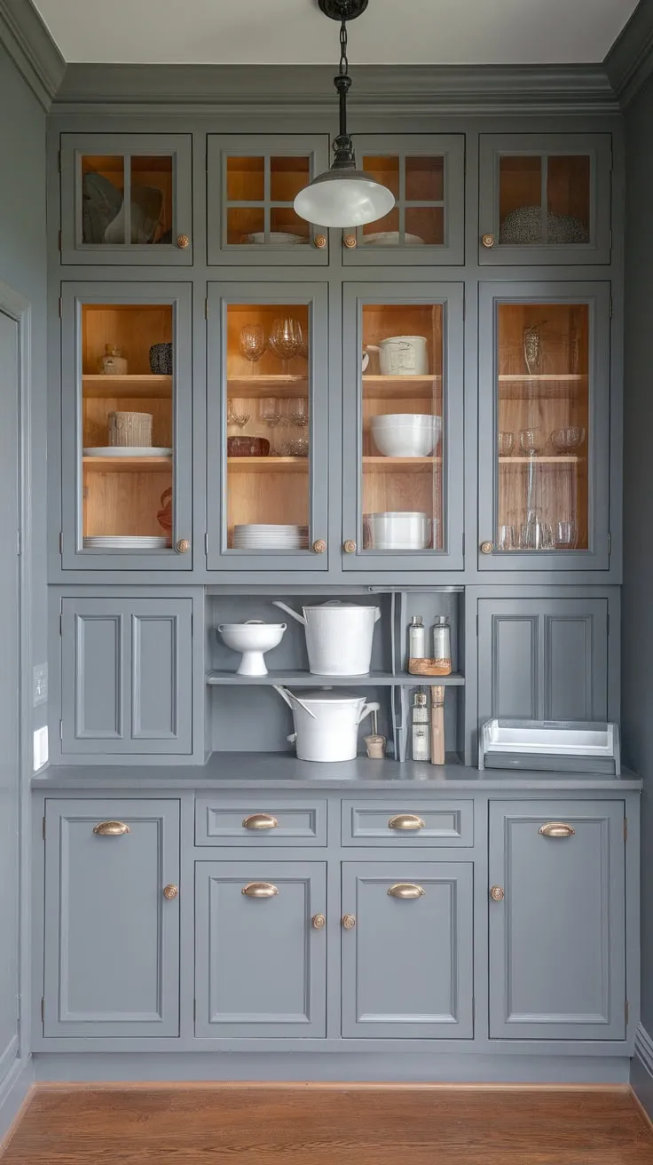 A stylish butler's pantry boasts a grey-walled grid of pantry wall cabinets showcasing diverse door styles and glass-fronted storage