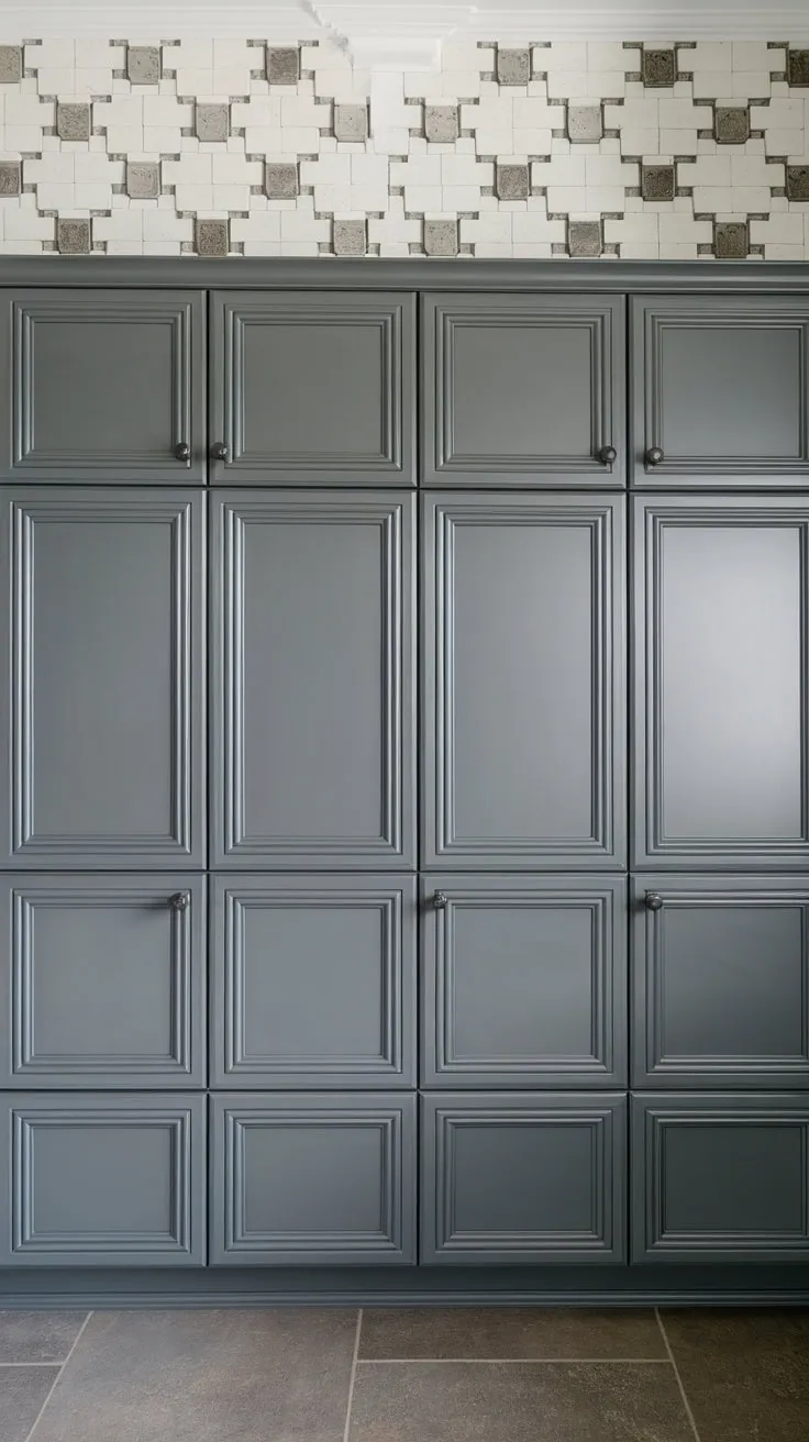 A stylish grey kitchen boasts a row of glossy pantry cabinets with a subtly larger central unit, all set against a patterned grey and white wall.