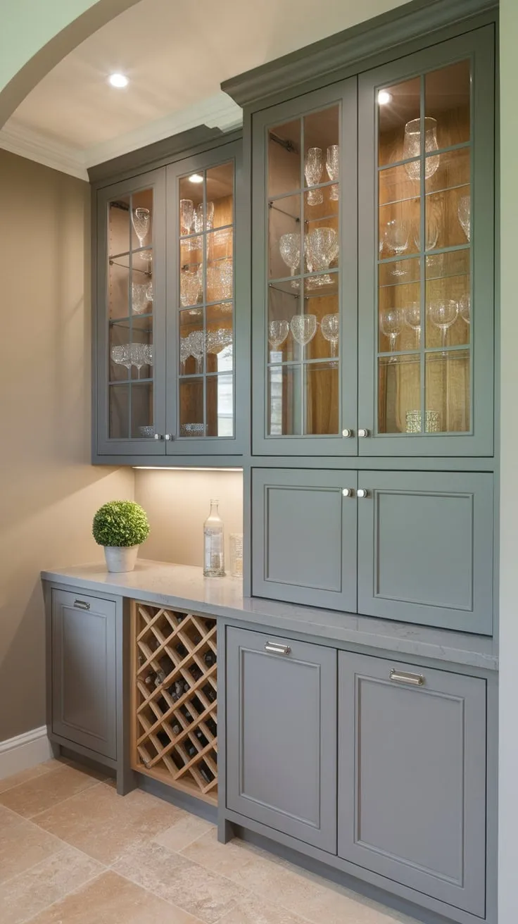 A charming butler's pantry boasts grey wall cabinets displaying glassware, accented by soft lighting and a small plant on the counter above beige tiles