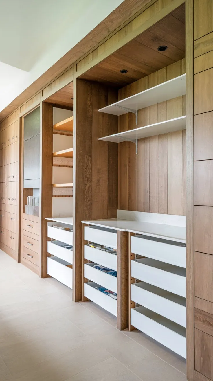 This tiled kitchen boasts a functional wood pantry wall featuring multiple shelves and additional standalone pantry storage.