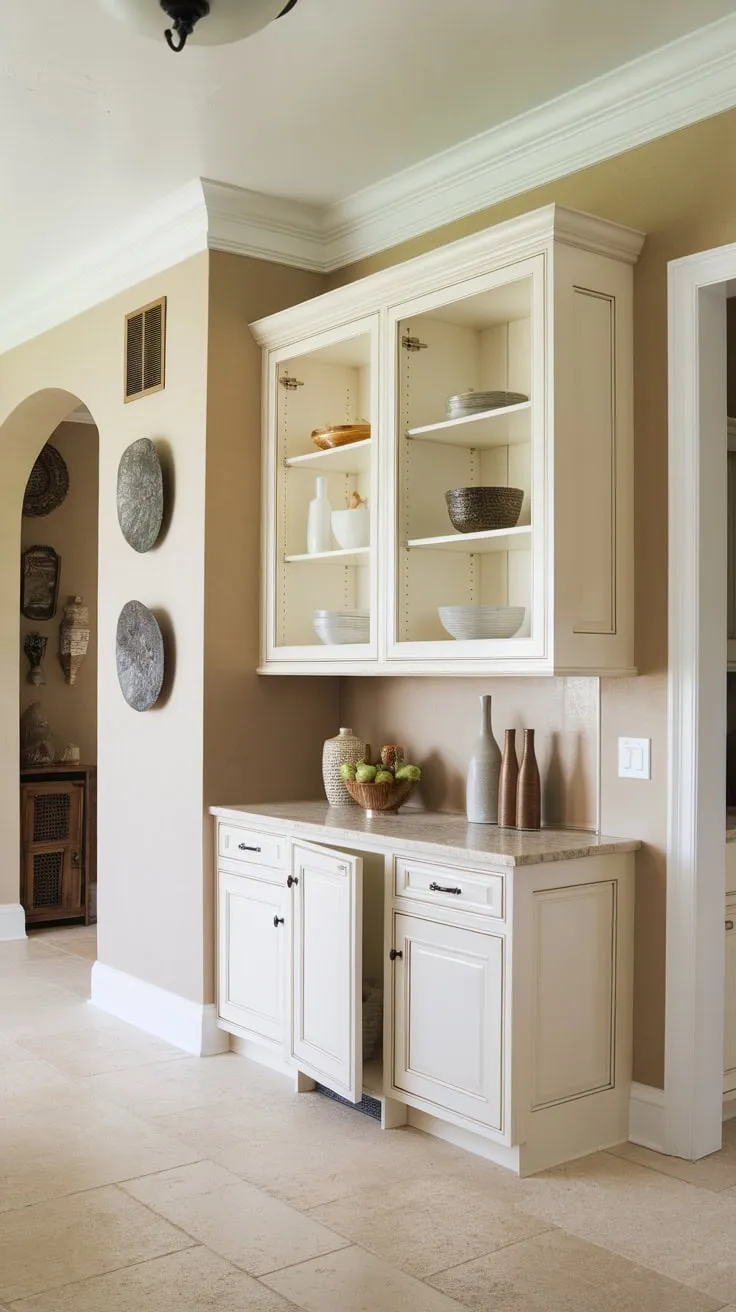 A white built-in pantry with multiple shelves sits above a standalone pantry unit in a beige-tiled kitchen.