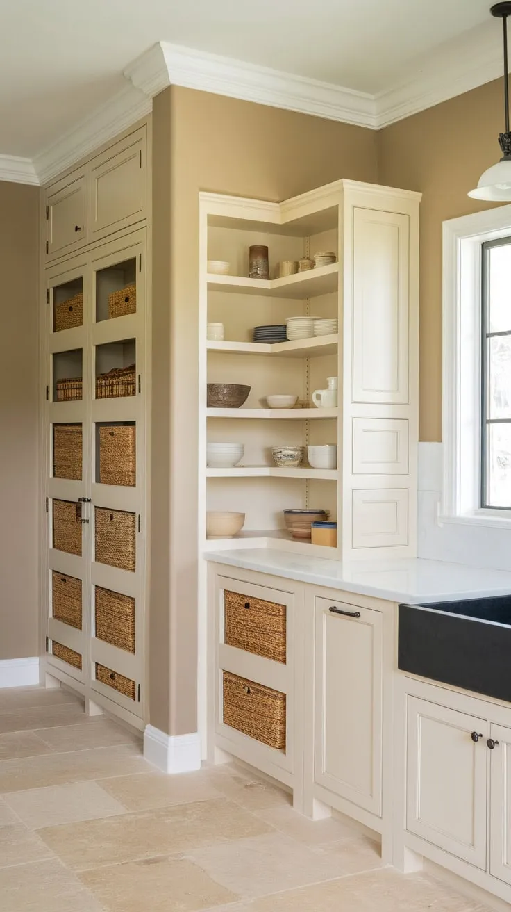 A light-colored built-in pantry wall, complemented by standalone cabinets, maximizes storage in this beige-walled kitchen with white countertops and a black sink.