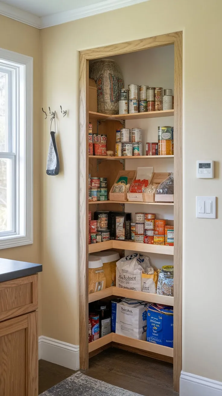 A well-stocked wooden pantry, built into the kitchen's left wall, offers convenient storage near a window and light switch
