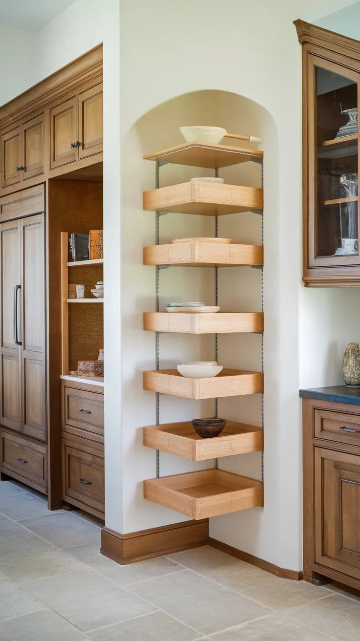 A charming kitchen features a practical built-in wooden pantry wall, offering ample storage alongside other cabinets and a tiled floor.