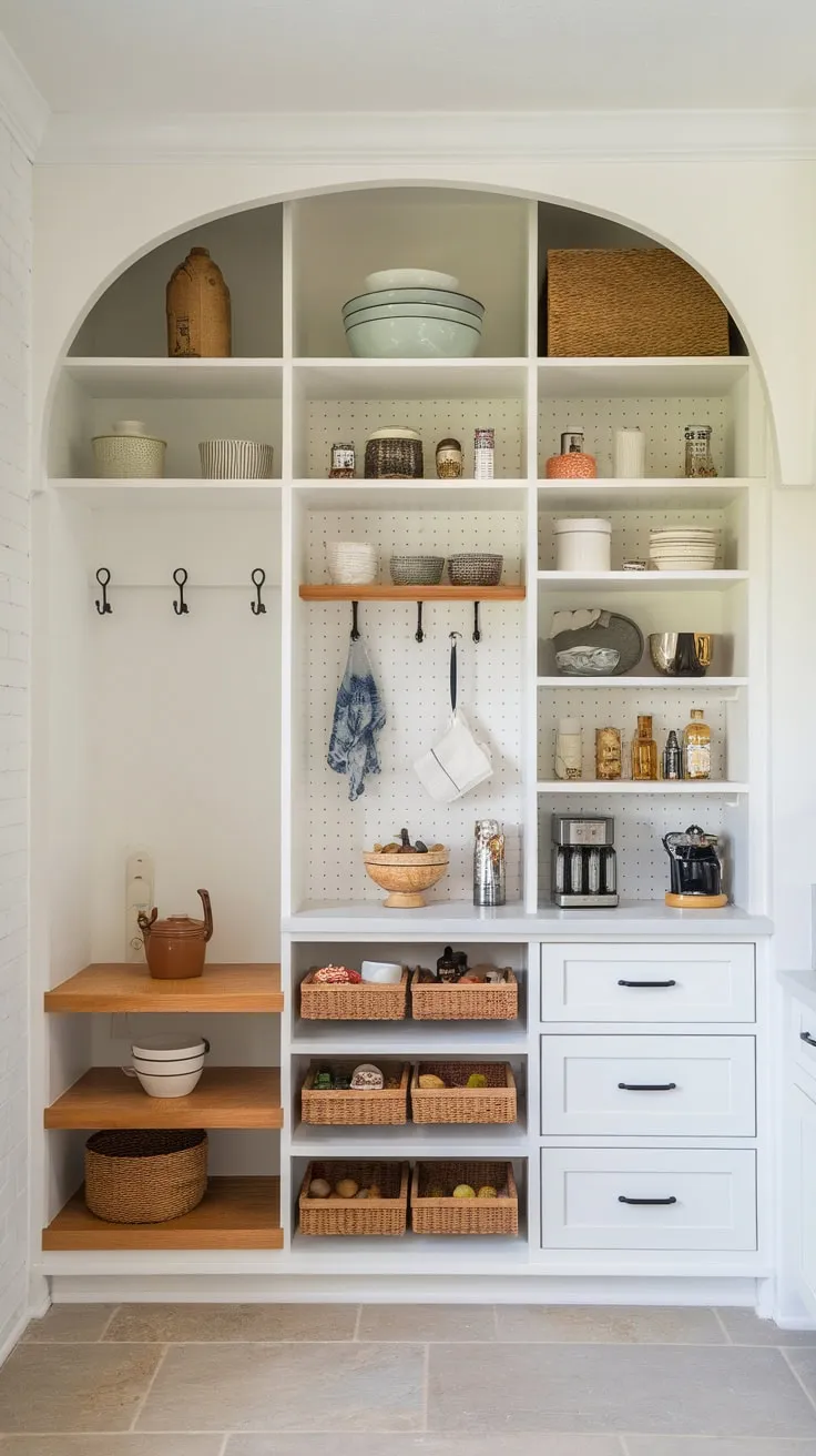 A white pantry wall maximizes kitchen storage with shelves, cabinets, drawers, and hooks, all grounded by a charming wooden base.