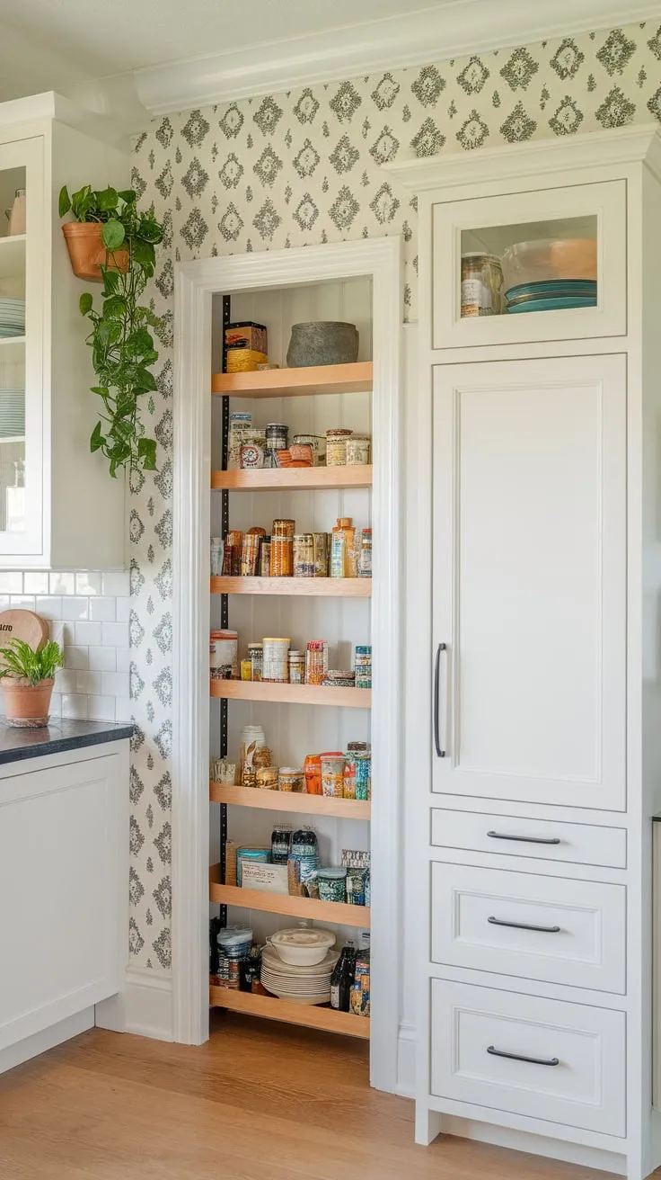 Built-in and standalone pantry cabinets create ample storage on a charming kitchen wall, accented with a potted plant.