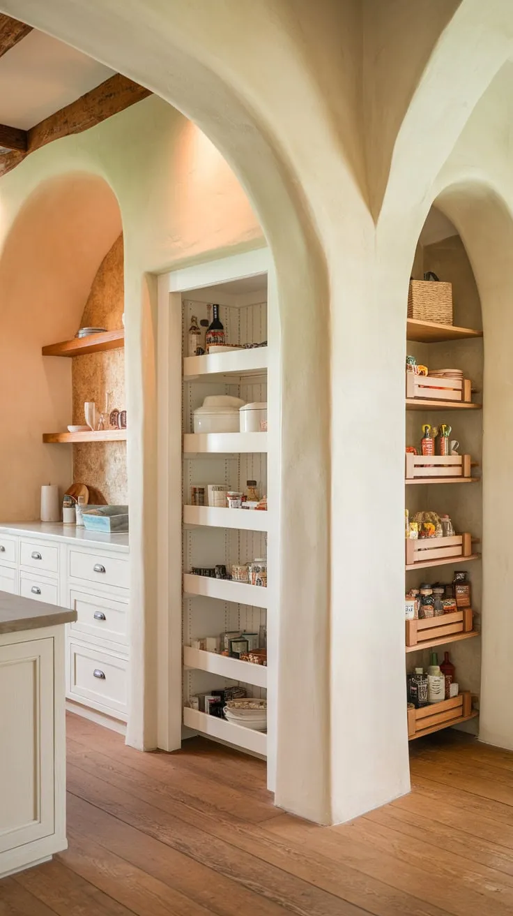 Warm lighting illuminates a rustic-textured beige pantry wall featuring a white built-in cabinet and a freestanding pantry, all complemented by a wood plank floor