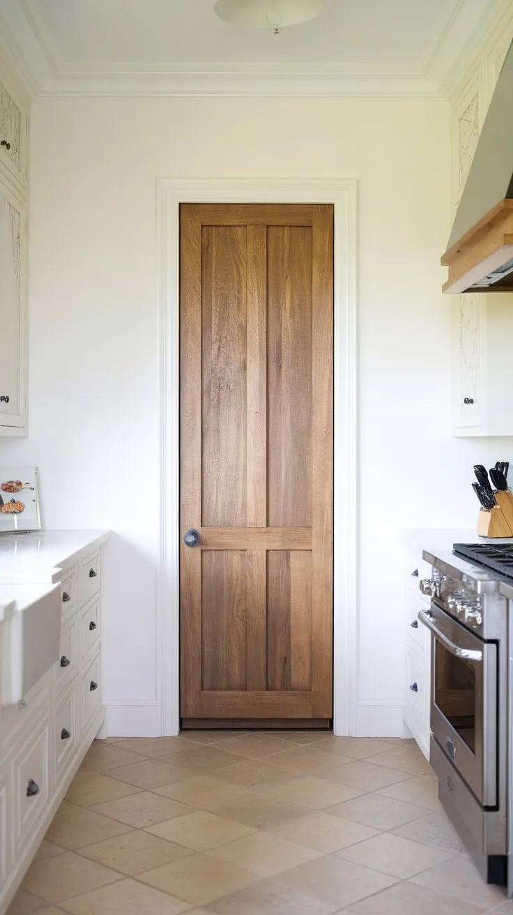 A bright white pantry wall cabinet enhances this clean kitchen's airy ambiance
