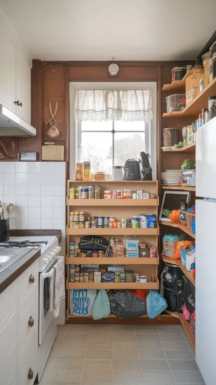A charming wood-paneled pantry wall, brimming with canned goods and other provisions, anchors this tiled kitchen's efficient design
