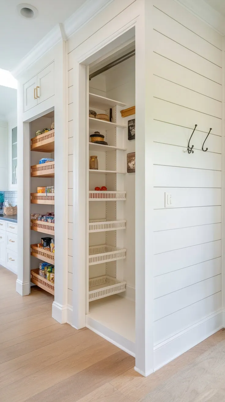 A bright kitchen boasts a pristine white built-in pantry cabinet complemented by a freestanding pantry, all nestled against a charming, functional wall.