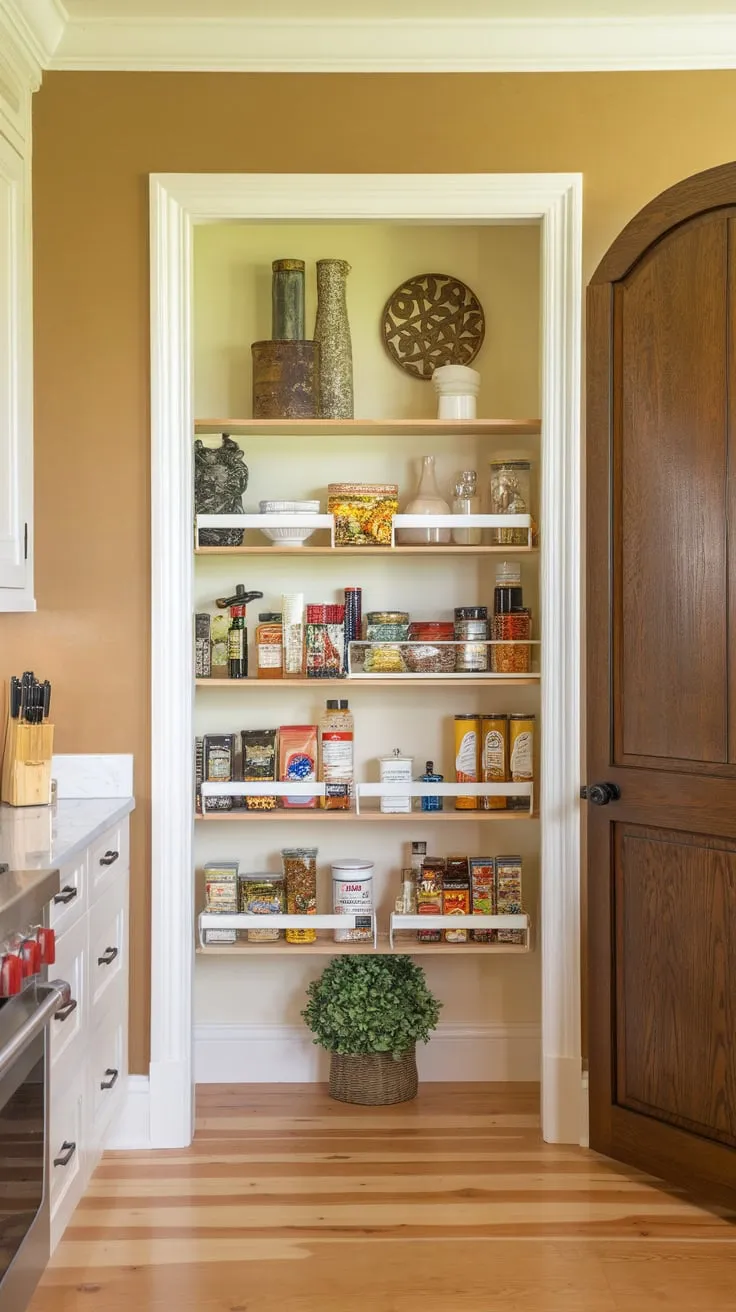 A charming white pantry cabinet, brimming with food and decorative touches, brightens a warm beige kitchen wall.