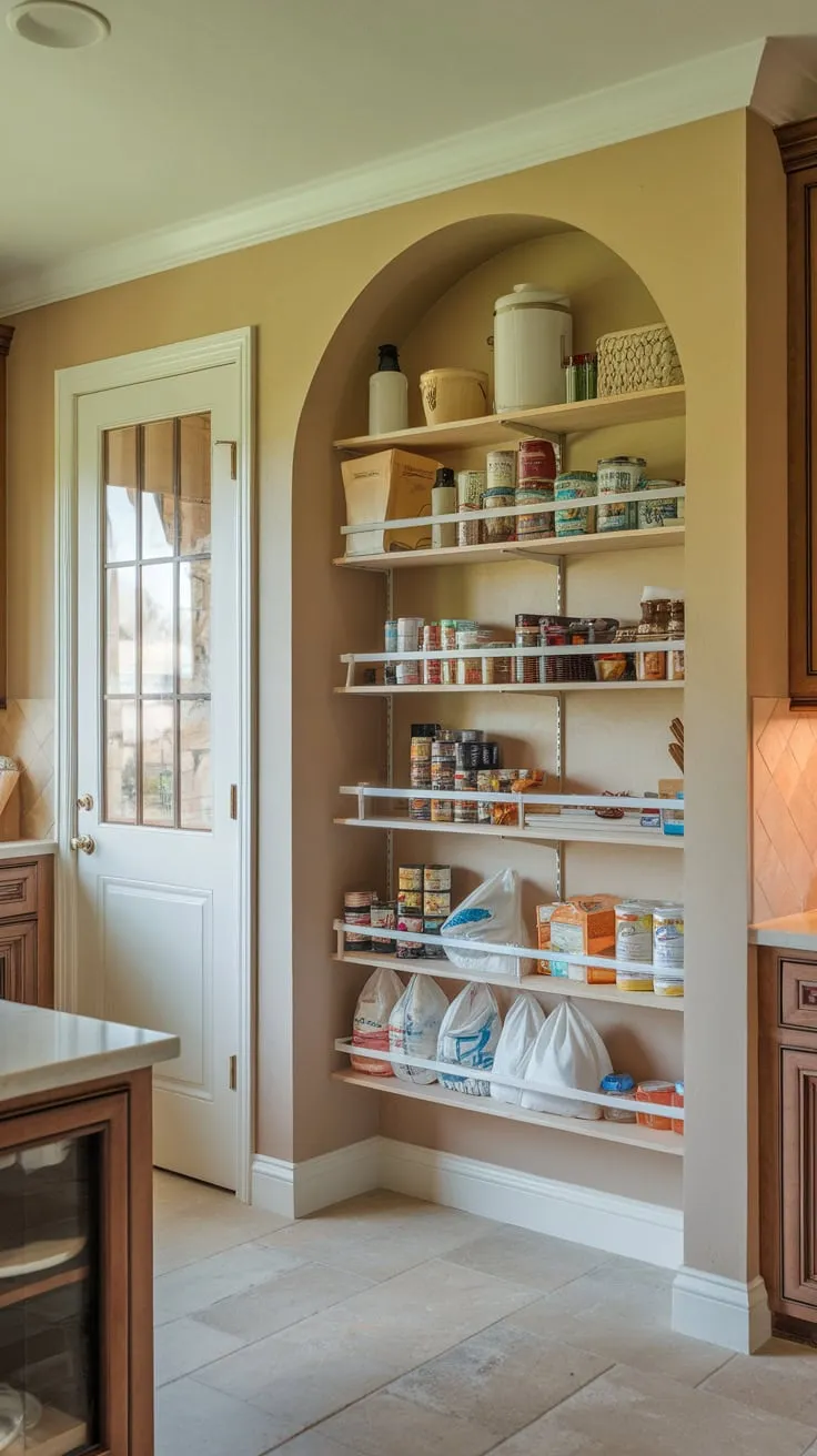 A tiled kitchen gleams under warm light, its built-in pantry wall a haven of neatly stacked pantry staples behind a charming windowed door.
