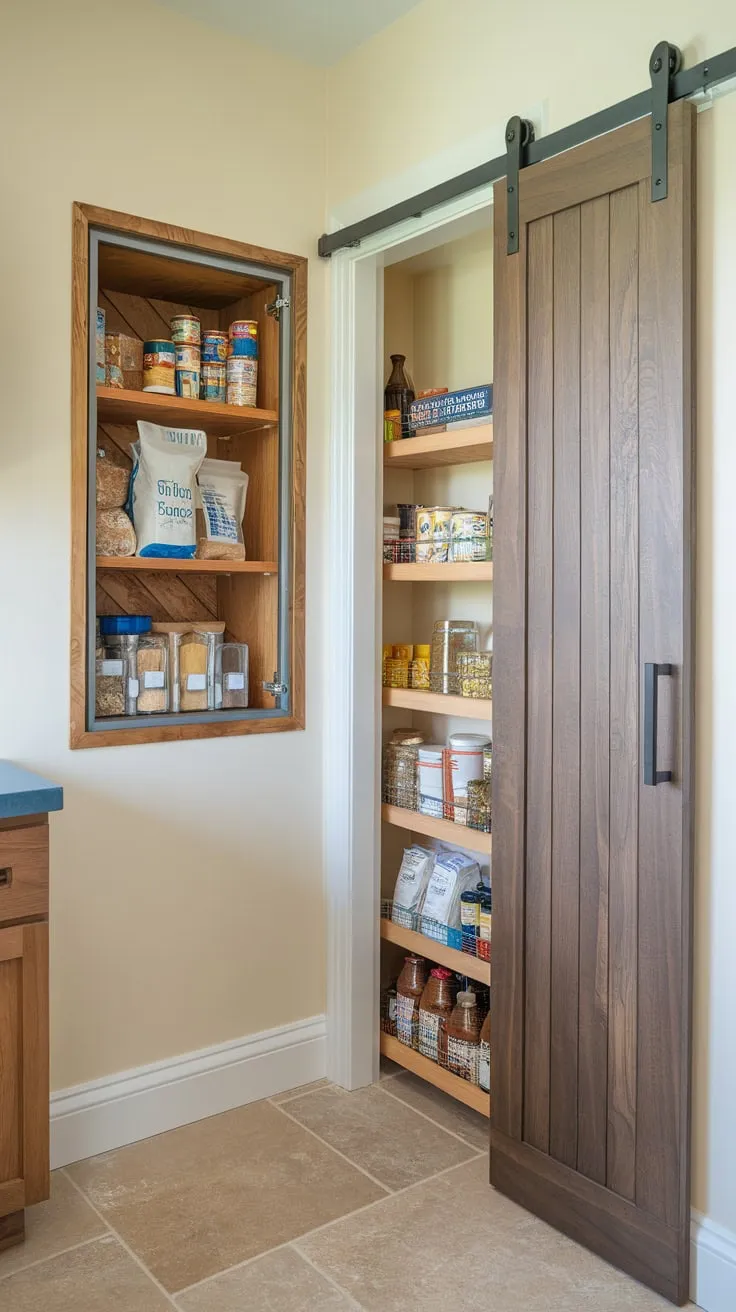 Organized kitchen storage shines with a built-in wooden pantry and a separate freestanding wooden pantry, perfectly complementing the tiled floor.