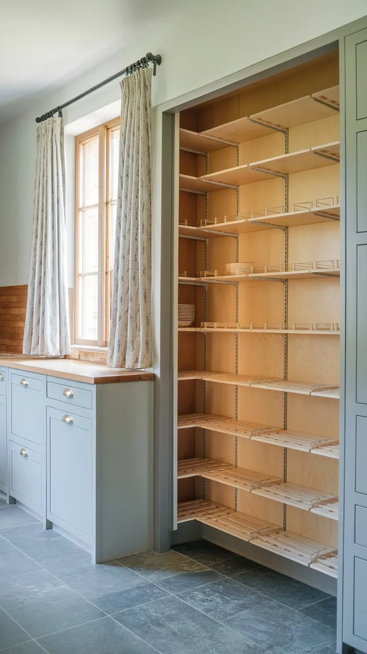 Grey tile floors and a windowed, wooden pantry wall with a door and additional freestanding cabinets create a functional and attractive kitchen.