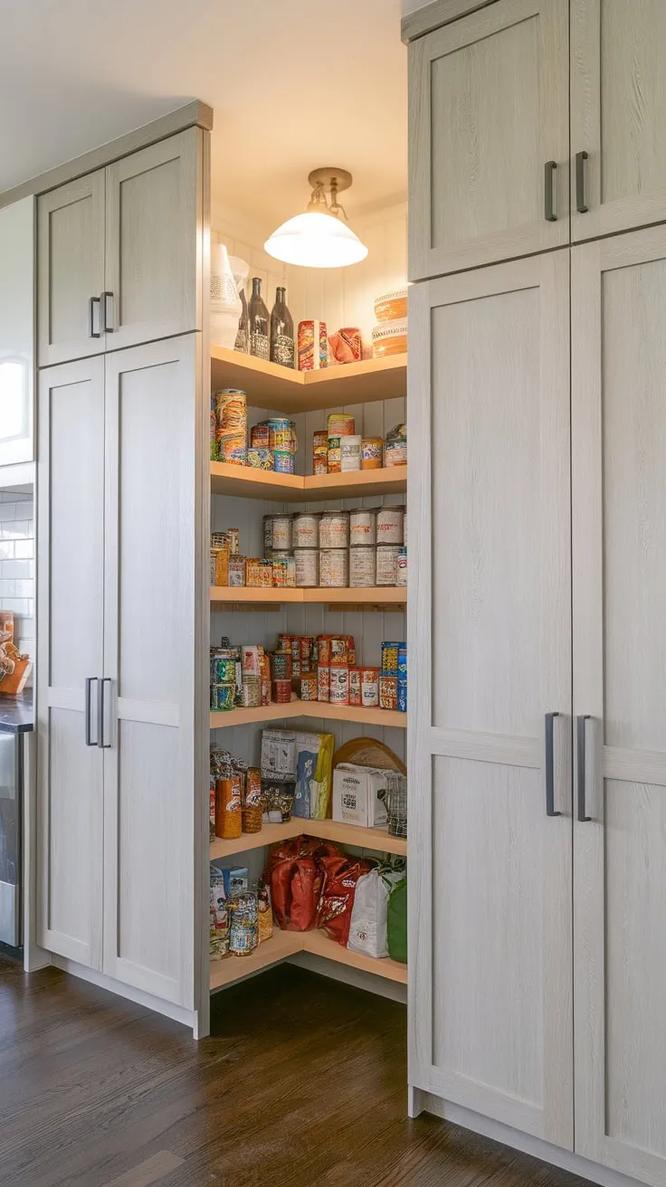 A sleek light grey wooden pantry wall, brimming with organized goods, brightens a modern kitchen with dark wood floors