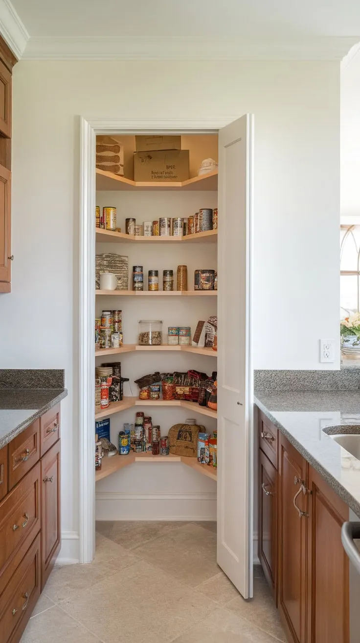 A white-painted pantry wall, brimming with organized kitchen essentials, complements the granite and stainless steel of this stylish kitchen
