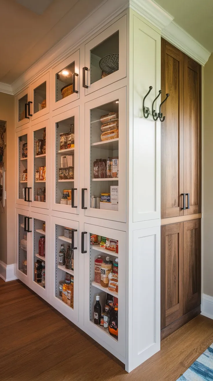 A stunning pantry wall features multiple built-in glass-doored cabinets filled with provisions complemented by a freestanding wooden cabinet and convenient wall hooks.