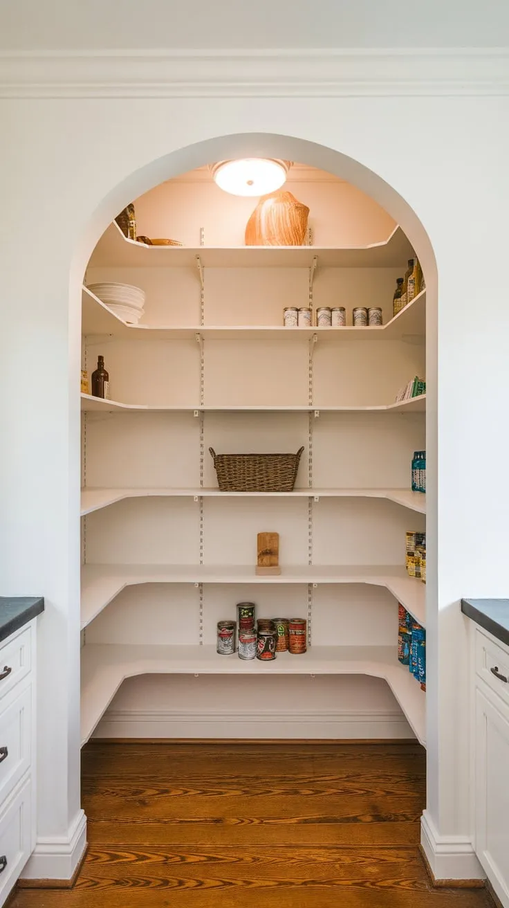 Organized shelving and a light fixture illuminate a functional built-in pantry wall, enhancing the kitchen's charm.
