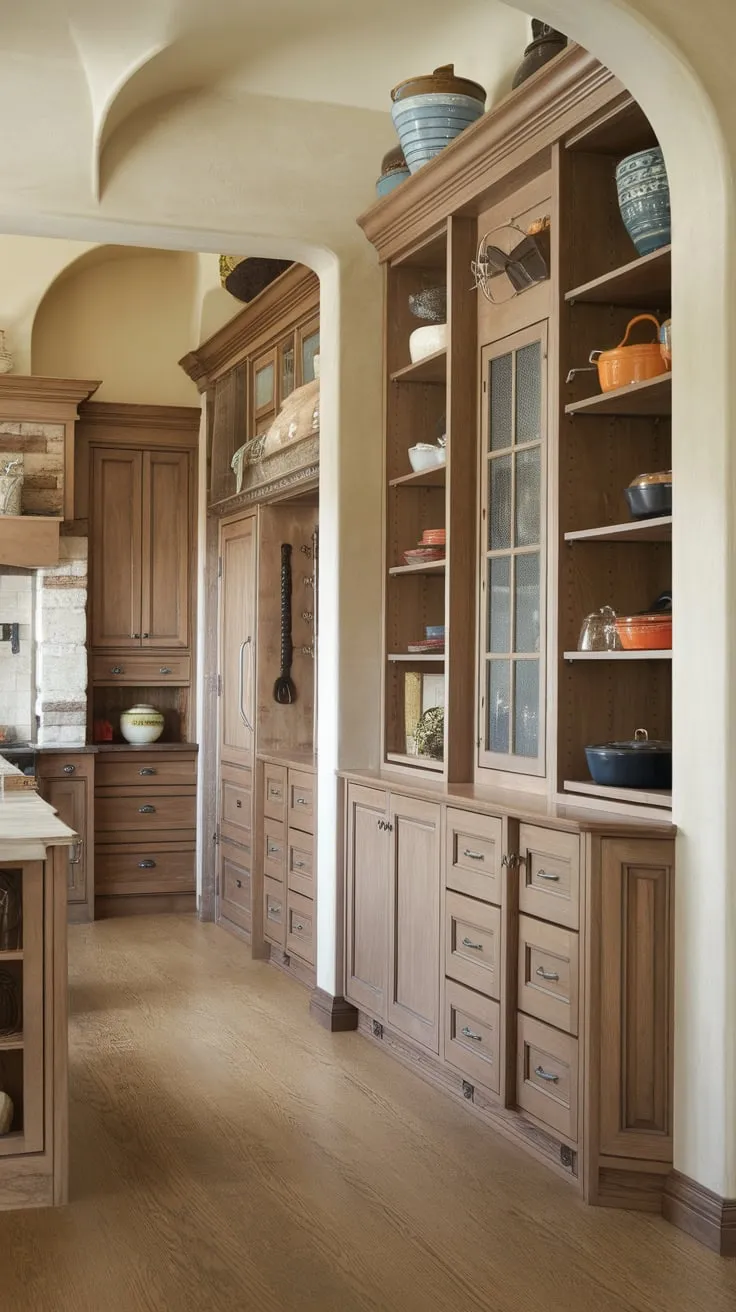 A warm wood-floored kitchen boasts a built-in pantry wall brimming with supplies and complemented by freestanding units