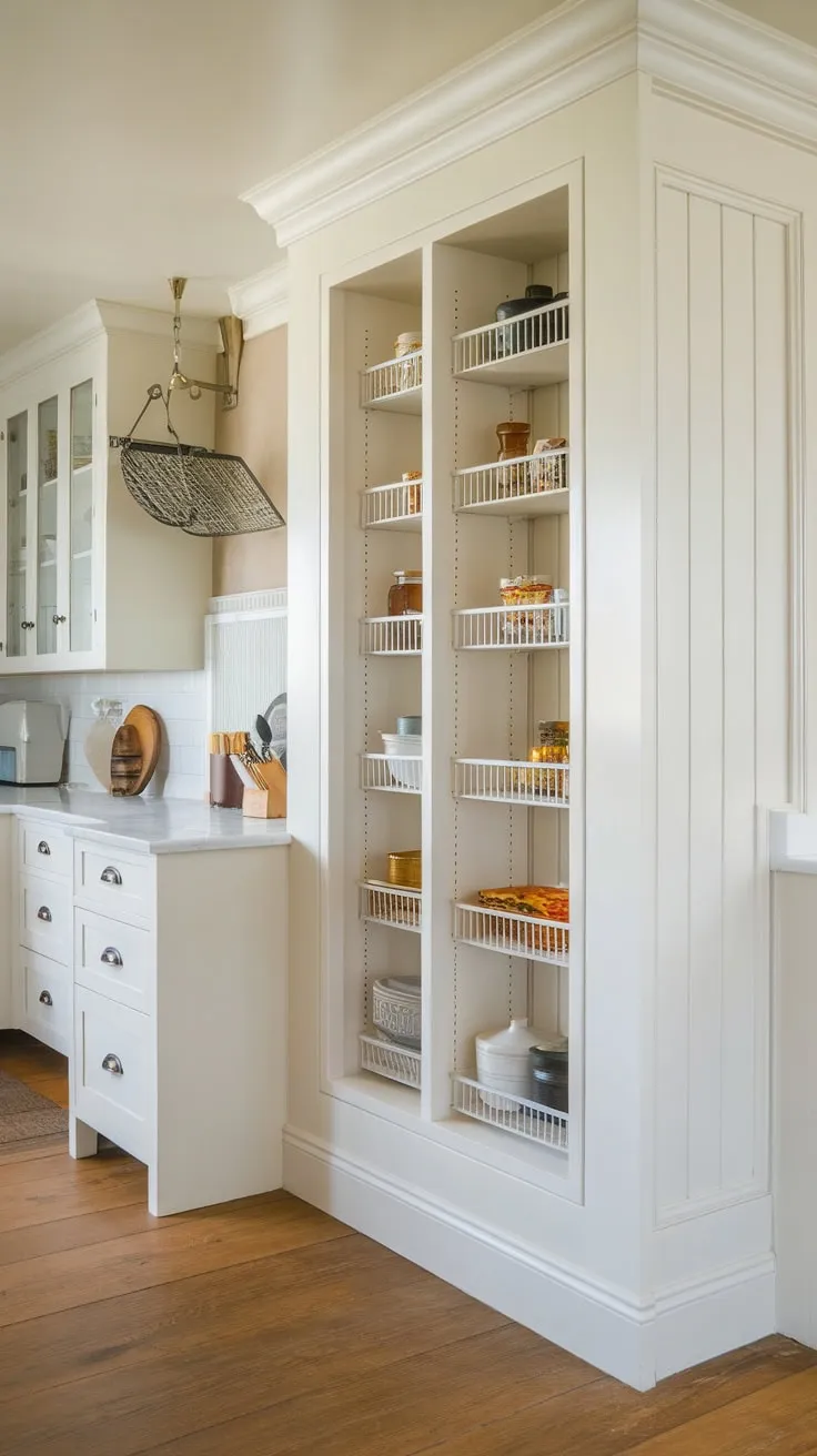 A white built-in pantry cabinet maximizes storage in this wood-floored kitchen, complemented by a standalone pantry and hanging pot rack.