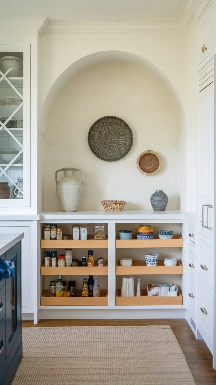 A white built-in pantry cabinet, adorned with subtle décor, anchors a cozy kitchen.