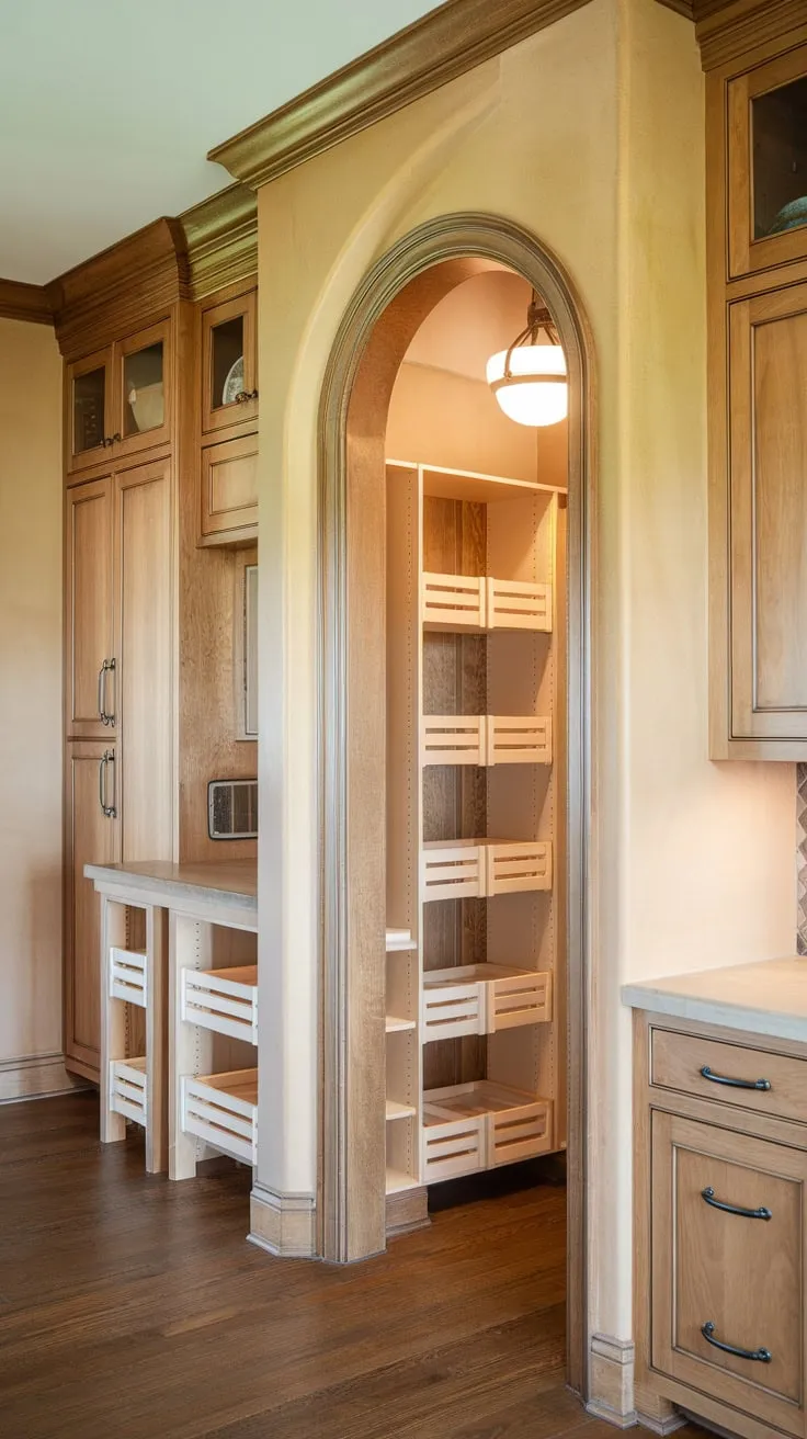 A charming kitchen boasts a built-in wooden pantry complemented by freestanding units against warm beige walls and a dark wood floor.