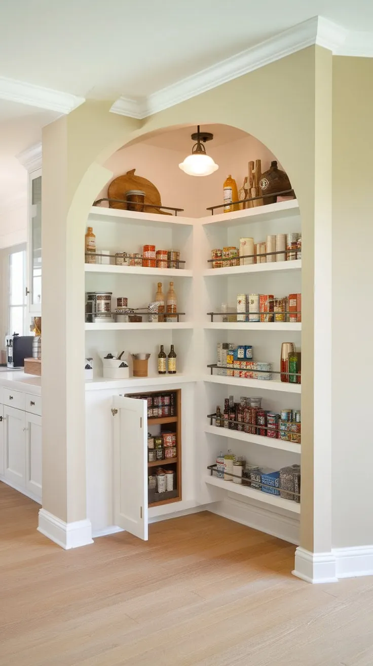 Neatly organized shelves and a discreet lower storage door define the stunning pantry wall in this bright kitchen.