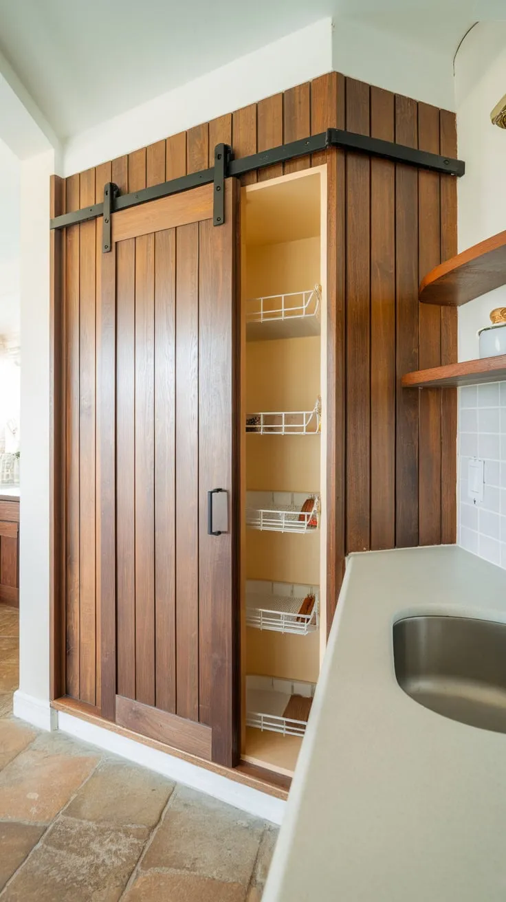 A charming wood pantry with a sliding door, built seamlessly into the kitchen wall, offers convenient storage.