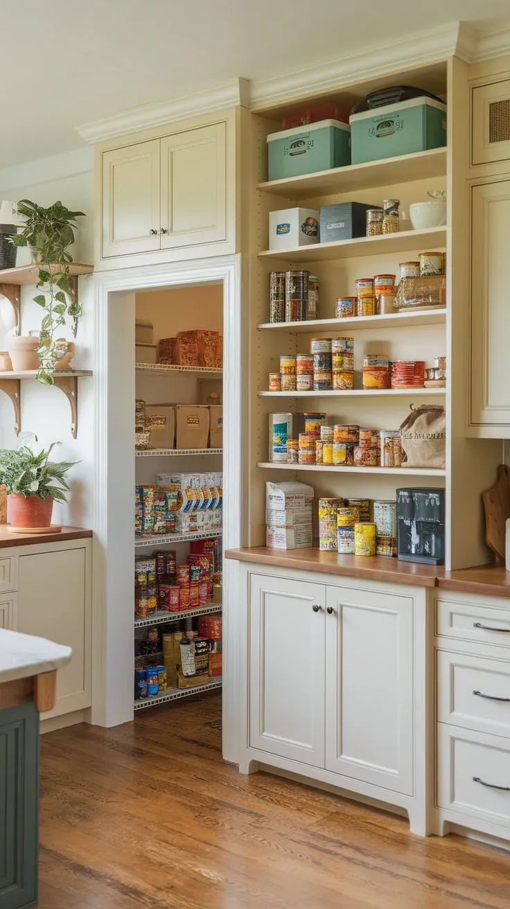 Organized shelves and cabinets in a charming pantry wall create a warm and functional kitchen space with extra storage.