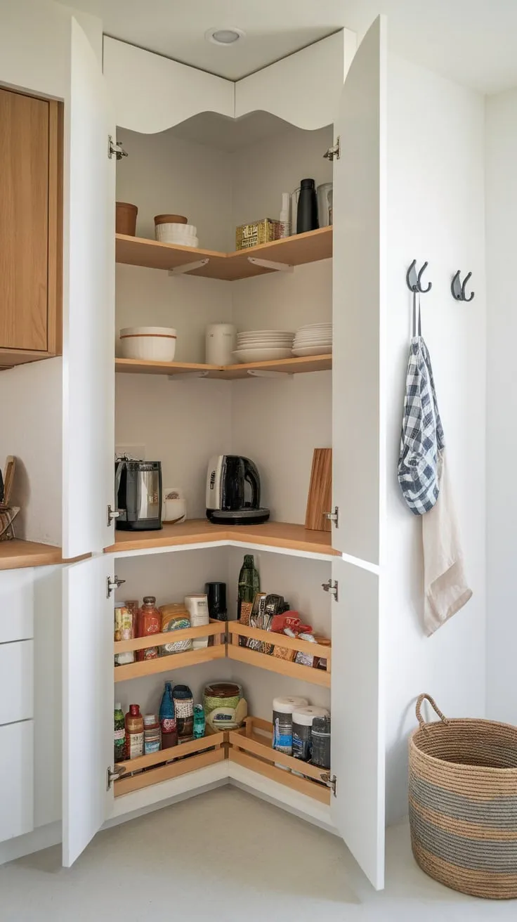 A simple yet functional pantry wall design maximizes storage with built-in shelving, ample space for larger items, and added hanging hooks.