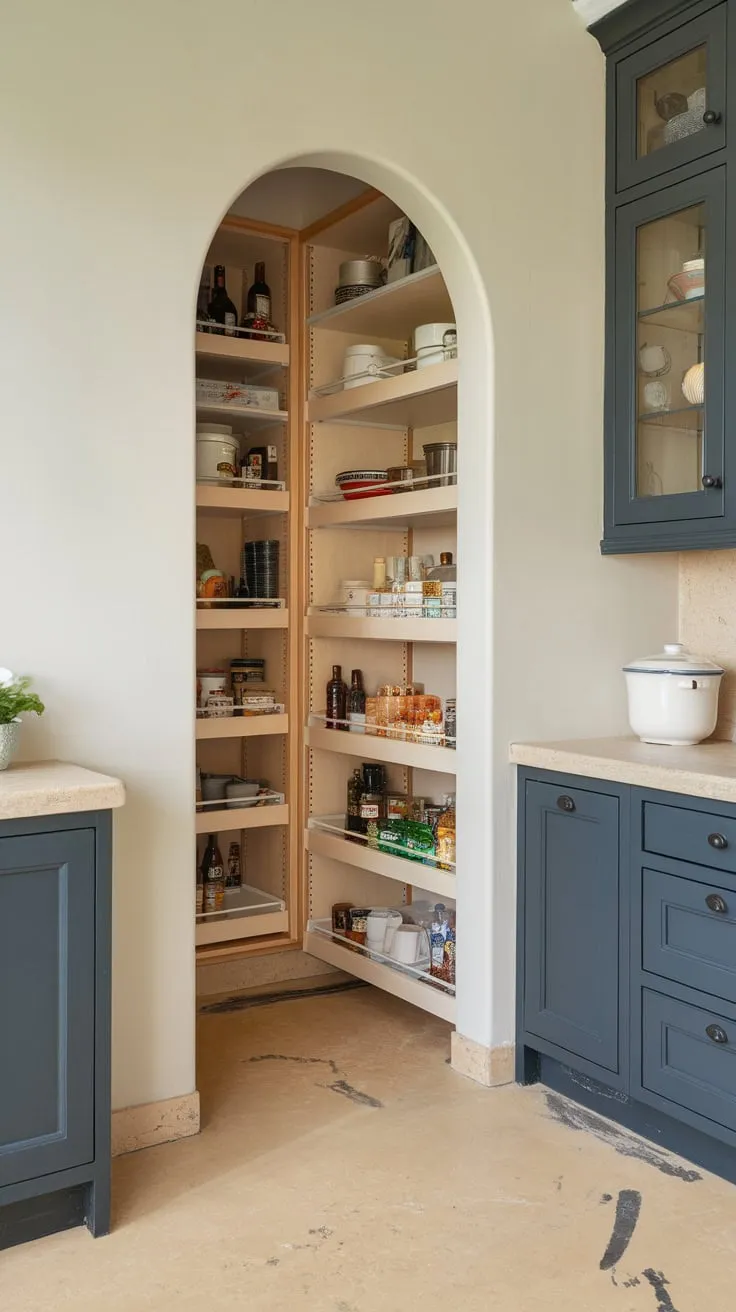 A wood pantry cabinet with multiple shelves is nestled against a kitchen wall beside beige countertops and dark grey cabinetry