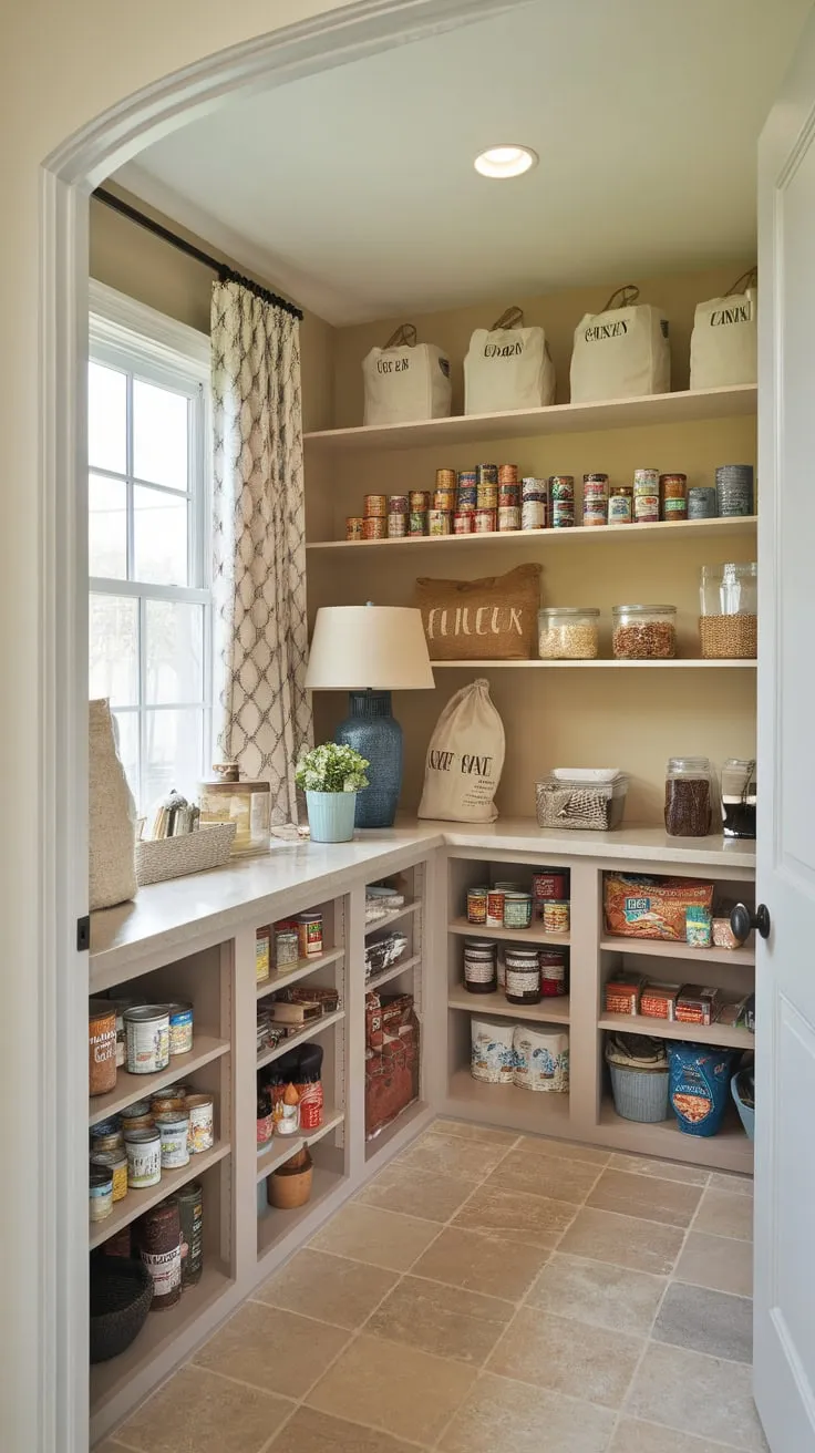 A well-lit walk-in pantry boasts ample counter space for organization amidst neatly stored goods