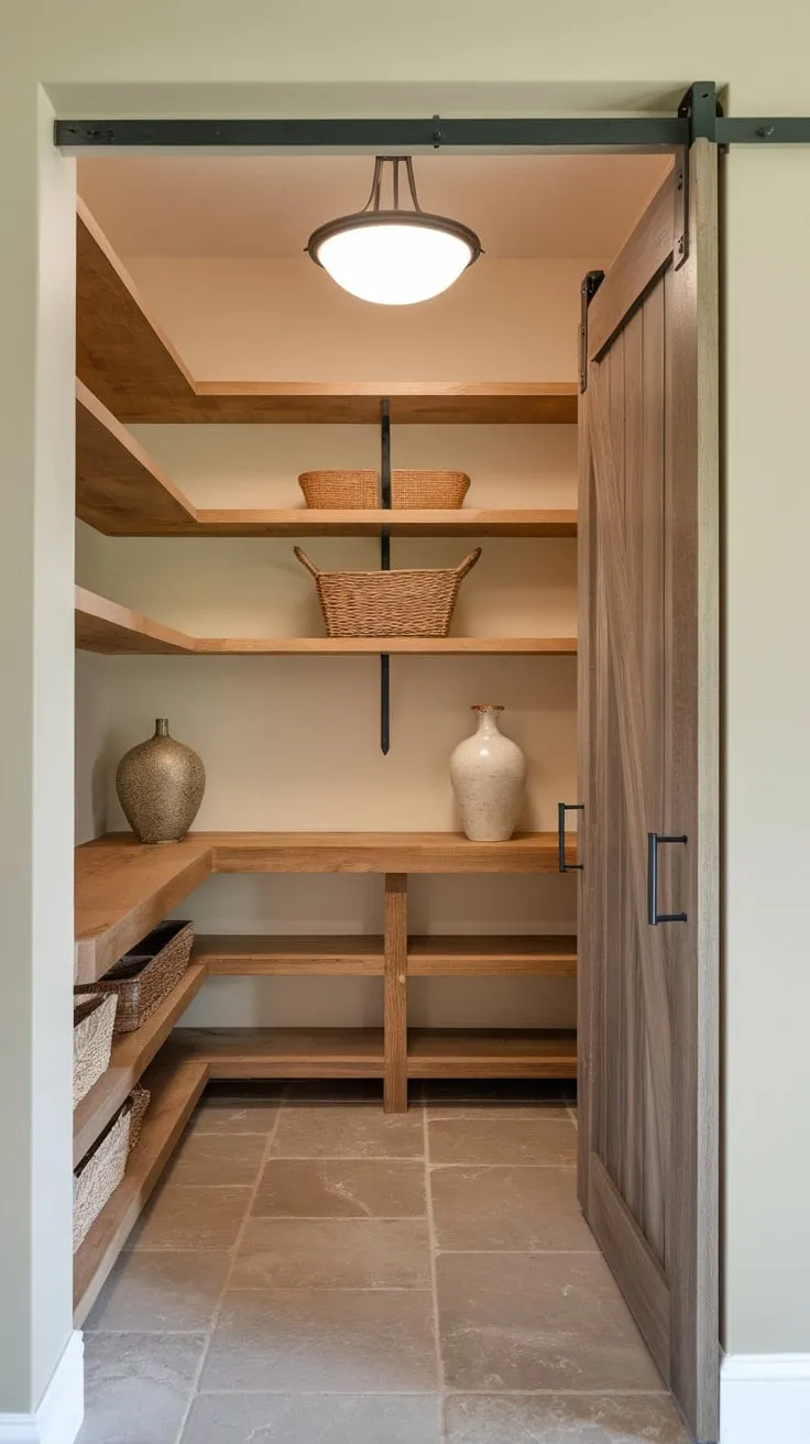 A charming walk-in pantry boasts a countertop, wooden shelves, and a sliding barn door, creating a functional and stylish storage space.