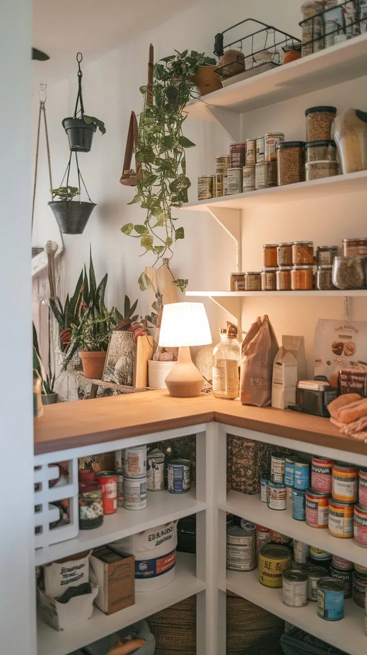 Organized pantry shelves and a countertop lamp create a welcoming and functional kitchen space.