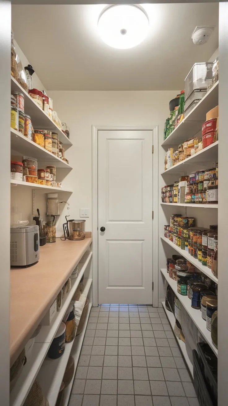 A well-organized pantry boasts ample shelving, a countertop with a small appliance, and bright tile flooring, creating efficient food storage.