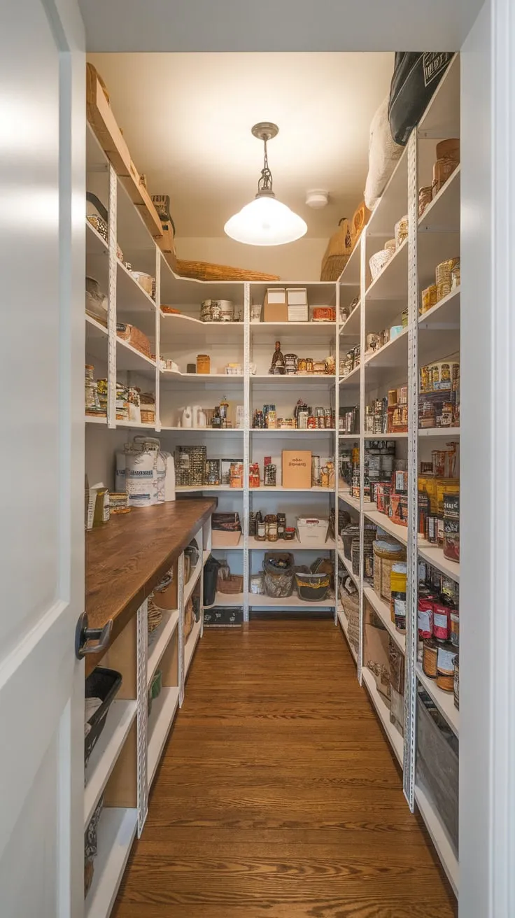 A spacious walk-in pantry boasts a countertop, wooden floors, and ample shelving for organized storage
