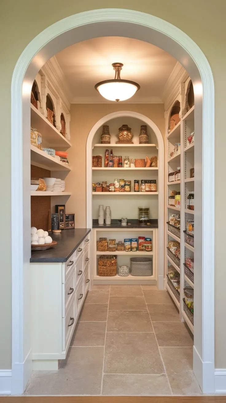 A stylish butler's pantry features a countertop workspace, abundant shelving, and warm beige walls within a spacious walk-in design.