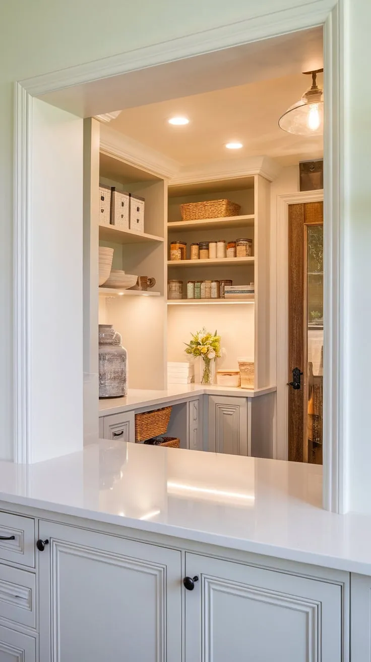 A clean, organized walk-in pantry boasts built-in shelves, cabinets, a countertop, and stylish lighting, maximizing storage and functionality.