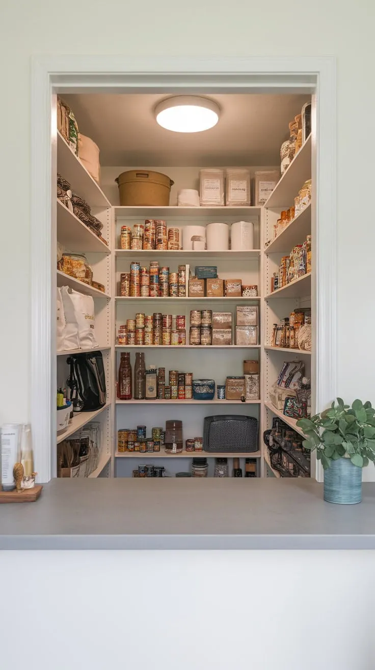 Brightly lit and organized, a walk-in pantry with a countertop offers convenient storage and a charming workspace.