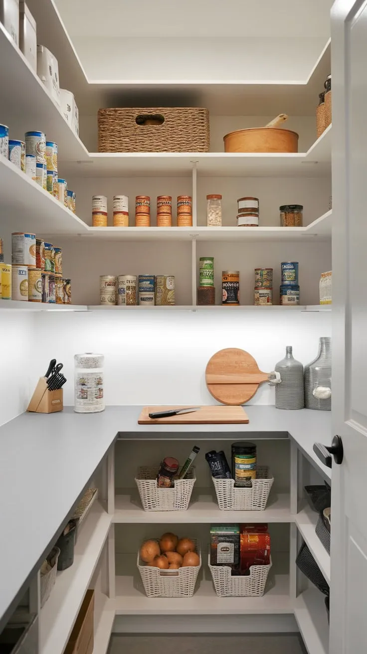 A bright, organized walk-in pantry boasts a countertop perfect for prep work, complete with shelves for ample storage and a designated area for produce.