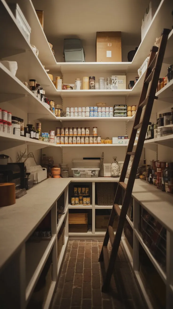 A dimly lit walk-in pantry with a countertop, brick floor, and shelves brimming with supplies offers ample storage and a touch of rustic charm
