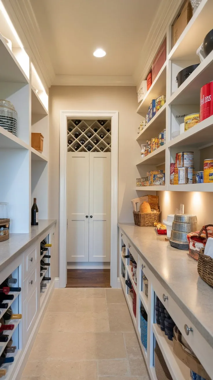 A spacious walk-in pantry with countertop, butler's pantry, and ample storage boasts organized shelves, stylish lighting, and beige tile flooring