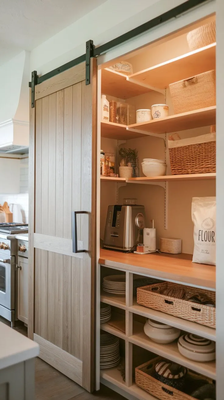 A well-organized pantry featuring a countertop workspace, charming barn door, and ample natural light enhances a nearby kitchen.