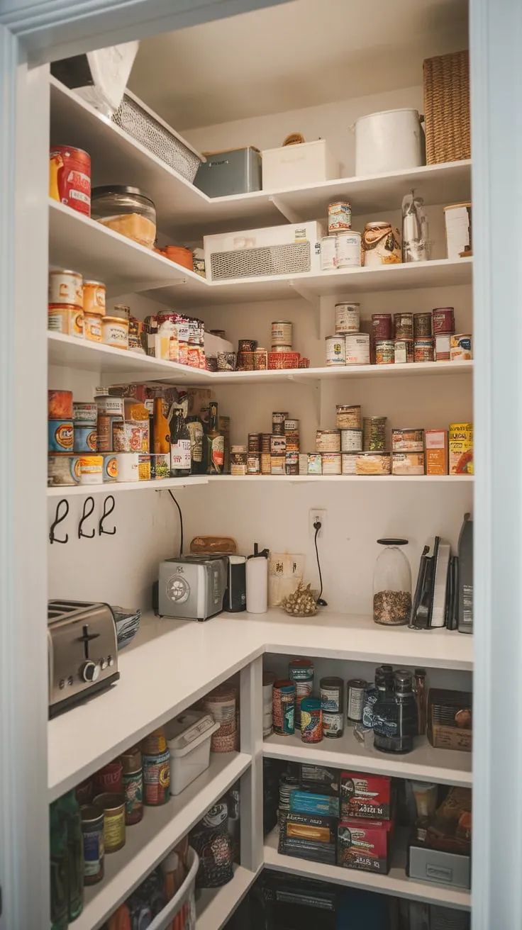 Well-lit shelves overflow with groceries, complemented by a countertop workspace in a practical pantry.