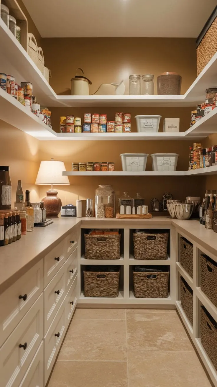 A well-lit walk-in pantry with countertop offers convenient organization for all your pantry staples.