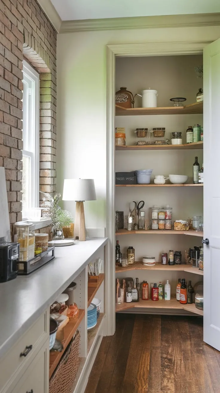 A countertop-equipped pantry, nestled near a windowed wall, offers rustic appeal with wooden shelves brimming with kitchen essentials and a warm lamplight.