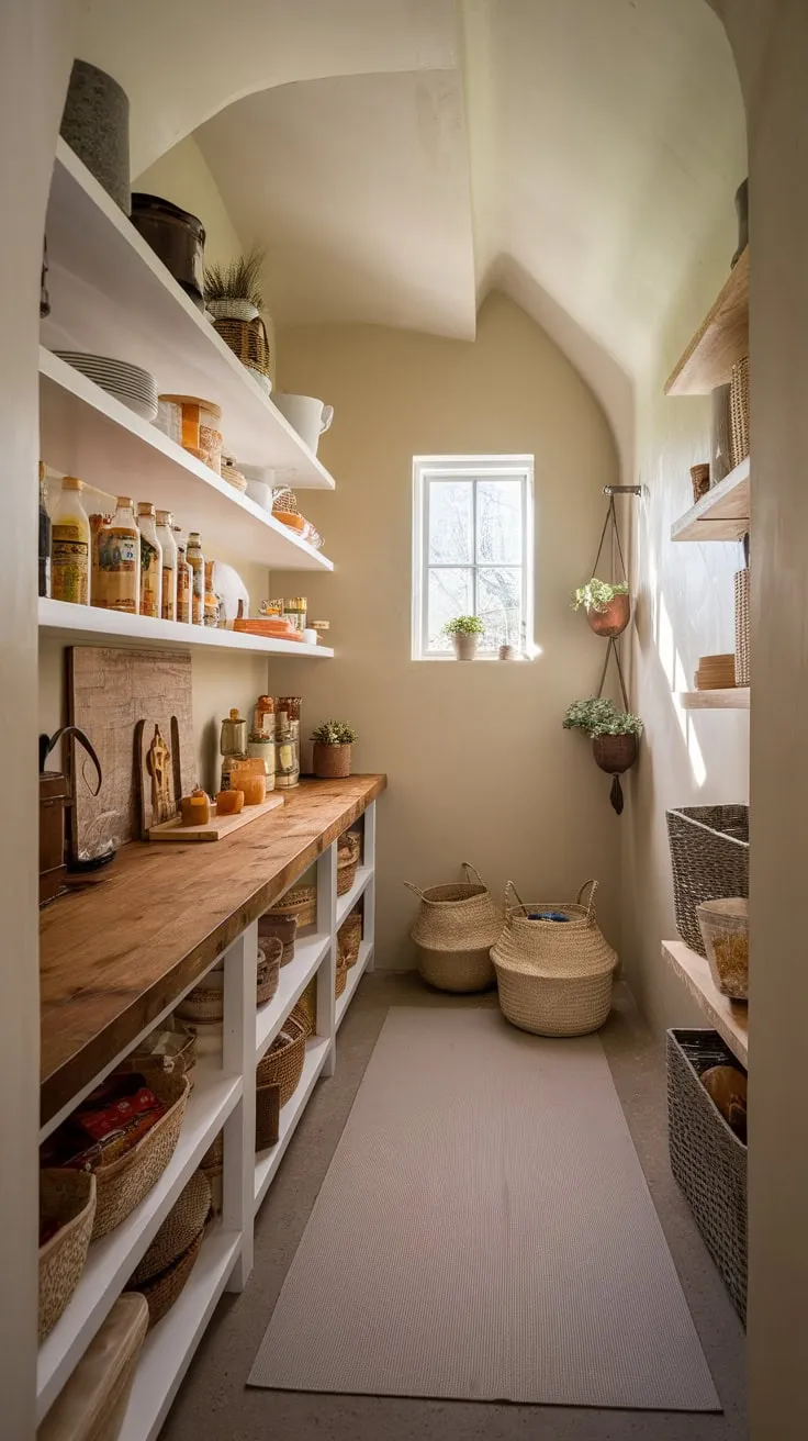 A rustic walk-in pantry boasts a wooden countertop, sunlit shelves brimming with food and charming accents.